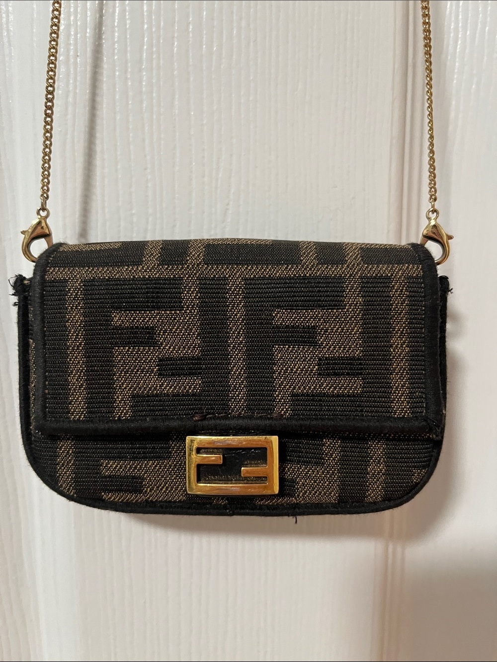 Fendi Black and Brown Mini FF Logo Crossbody with Gold Chain